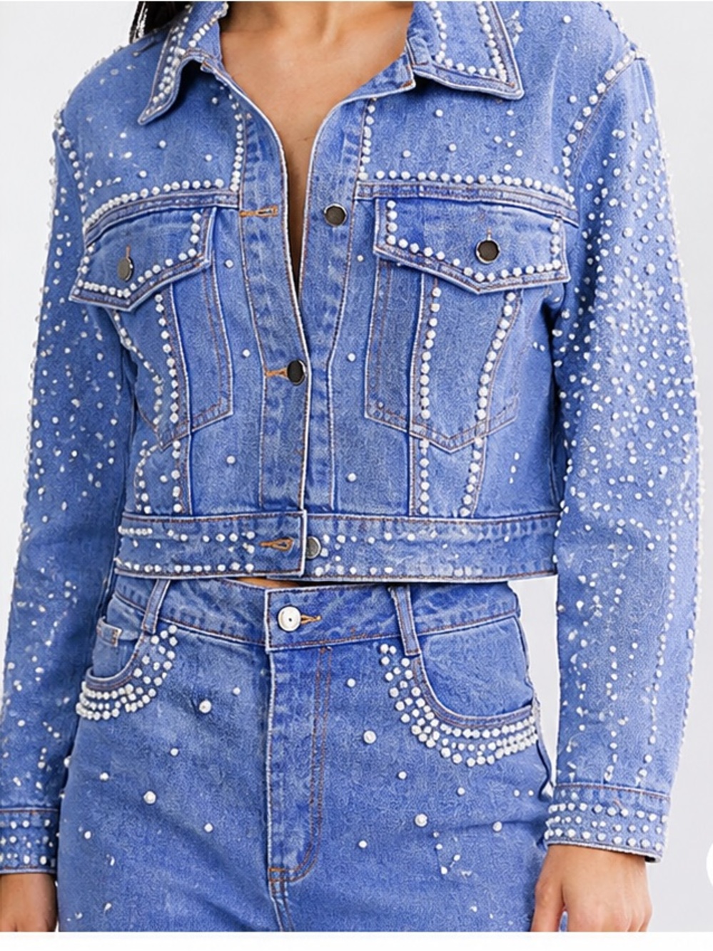 Denim Pearl Embellished Statement Jacket Waist Length Disrespecting Long Sleeves